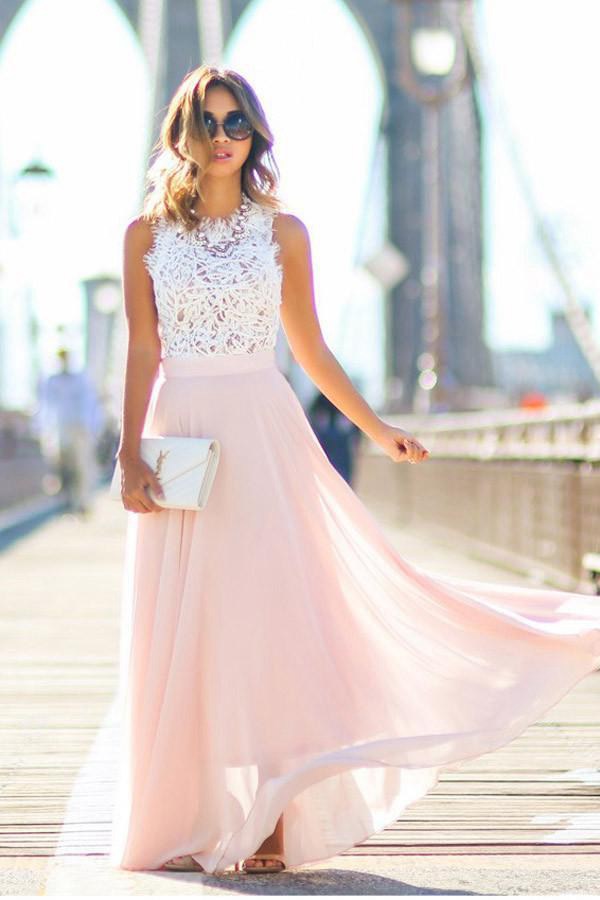 Crew Long Pink Lace Chiffon Prom Dress JTA3911