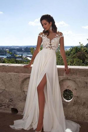 Lace Appliques Side Slit Chiffon Evening Dress JTA4131