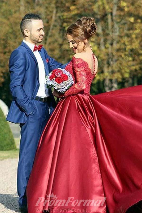 Princess Off The Shoulder Long Sleeves Burgundy Satin Prom Dress JTA44