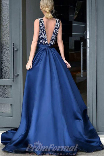 A Line V Neck Royal Blue Satin Beading Prom Dress JTA4431