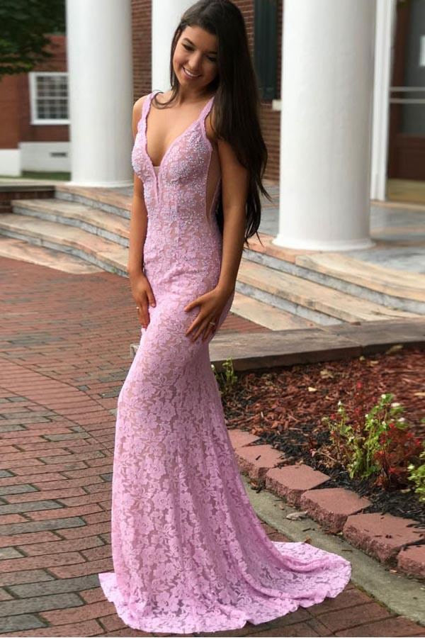 Mermaid Deep V Neck Lace Prom Dress with Beading JTA4501