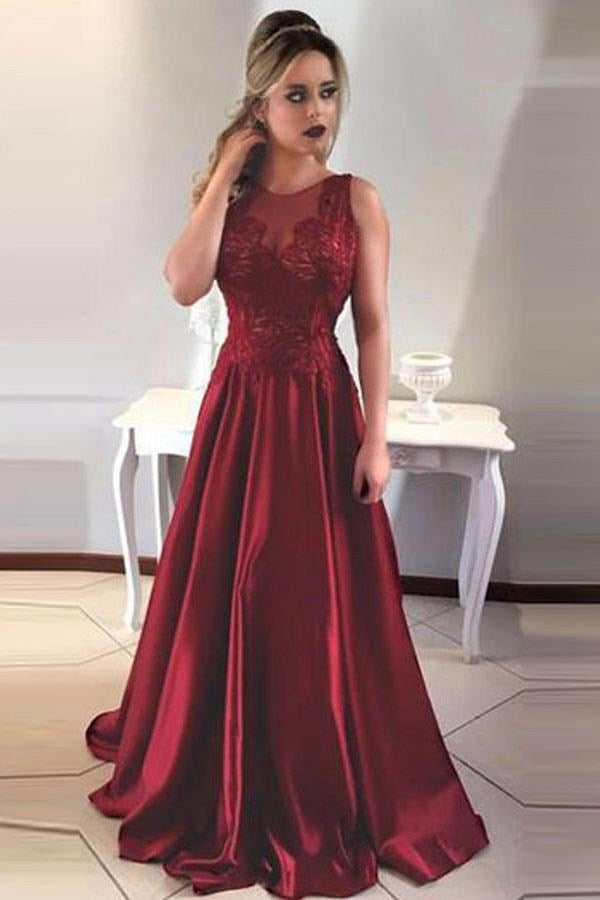 A Line V-Back Maroon Satin Prom Dress with Lace JTA4551