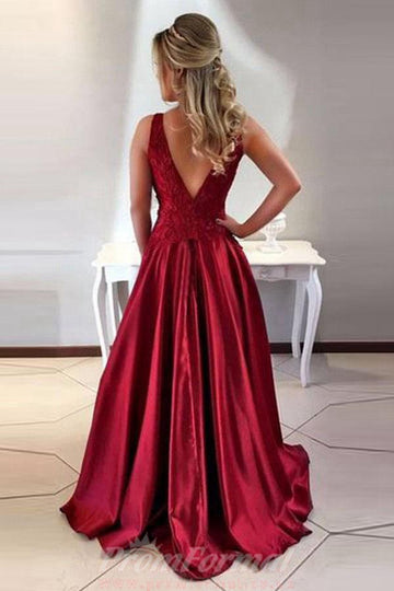 A Line V-Back Maroon Satin Prom Dress with Lace JTA4551