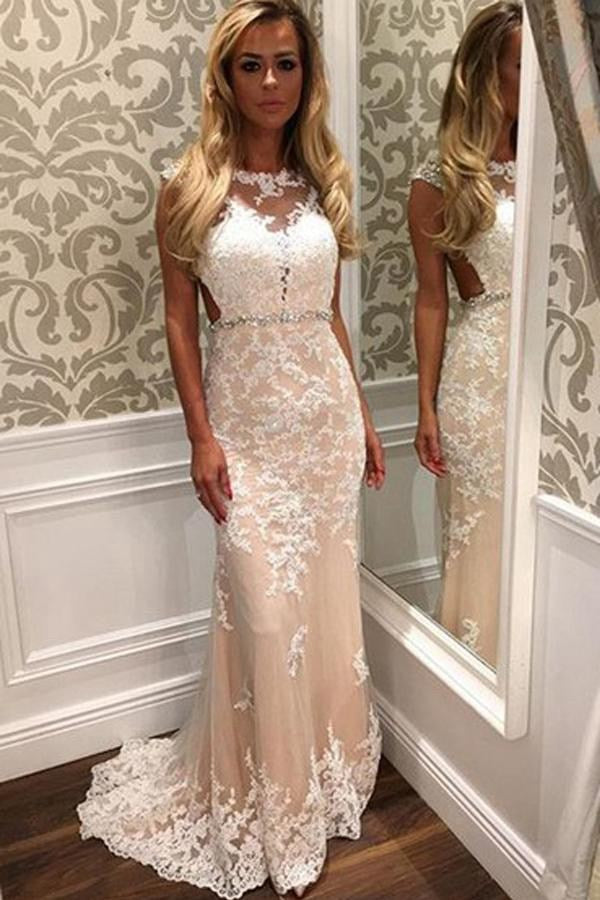 Sheath Sweep Train Appliques Lace Prom Dress JTA5461