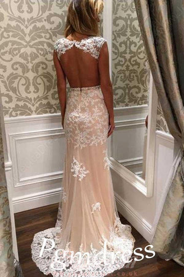 Sheath Sweep Train Appliques Lace Prom Dress JTA5461