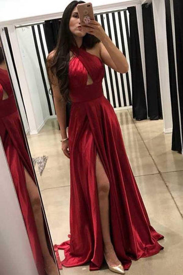 A Line Cross Neck Dark Red Prom Dress with Split JTA5471