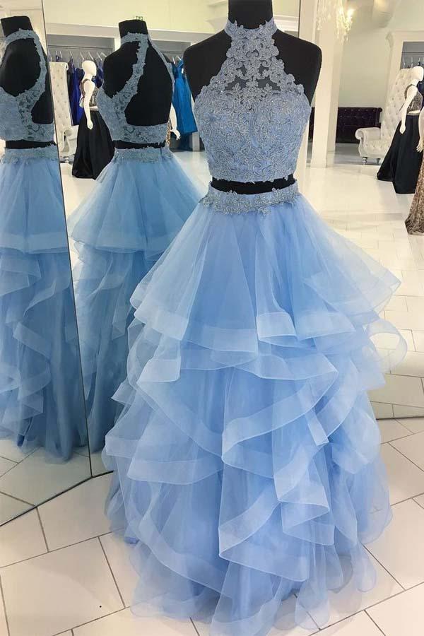 Princess Two Piece Lace Ruffle Light Blue Prom Dress JTA5791