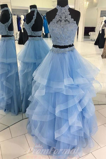 Princess Two Piece Lace Ruffle Light Blue Prom Dress JTA5791