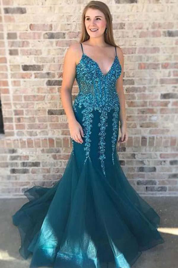 Ink Blue V Neck Mermaid Lace Evening Dress JTA5821