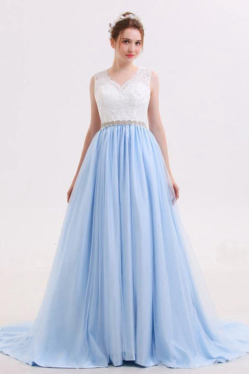 Lace Straps A line Blue Skirt Prom Dress JTA5831