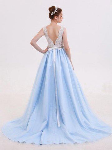 Lace Straps A line Blue Skirt Prom Dress JTA5831