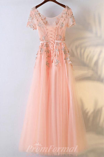 A Line Peach Pink Prom Dress Short Sleeves JTA6001