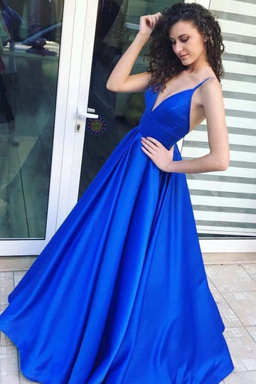 A Line Spaghetti Straps Royal Blue Satin Prom Dress JTA6041