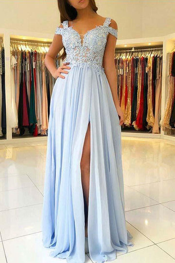 A Line Light Blue Chiffon Prom Dress with Appliques JTA6101