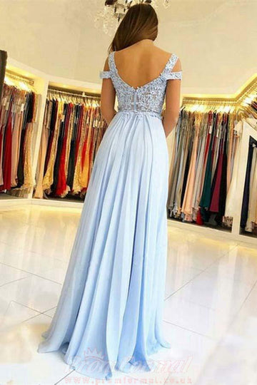 A Line Light Blue Chiffon Prom Dress with Appliques JTA6101