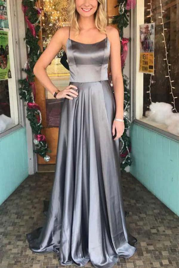 Straps Silver Grey Satin Prom Dress JTA6531