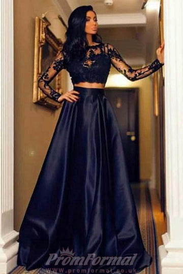 Two Pieces Black A Line Long Sleeve Prom Dress JTA9121