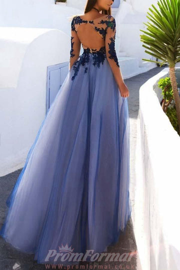 Long Sleeves Blue Lace Open Back Prom Dress JTA6631