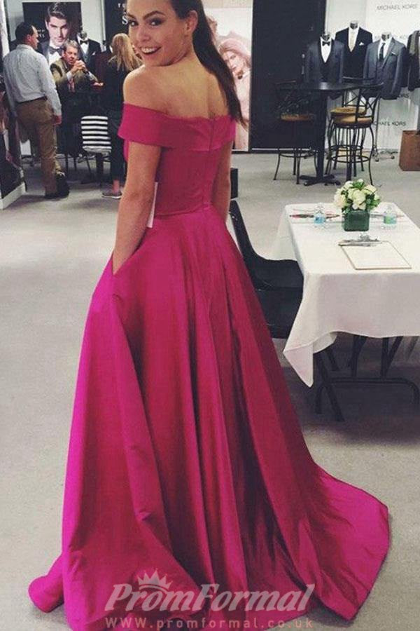 A Line Off The Shoulder Pink Satin Prom Dress With Pockets JTA6681