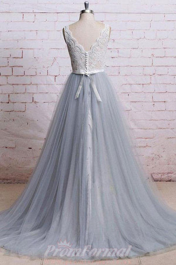 Princess V Neck Gray Lace Tulle Skirt Prom Dress JTA6851