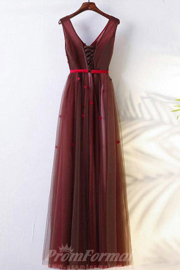 A Line V Neck Burgundy Tulle Prom Dress with Appliques JTA7021