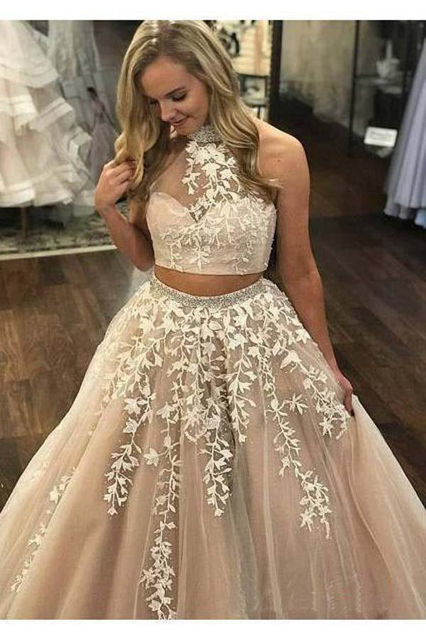 Two piece lace deals prom dresses