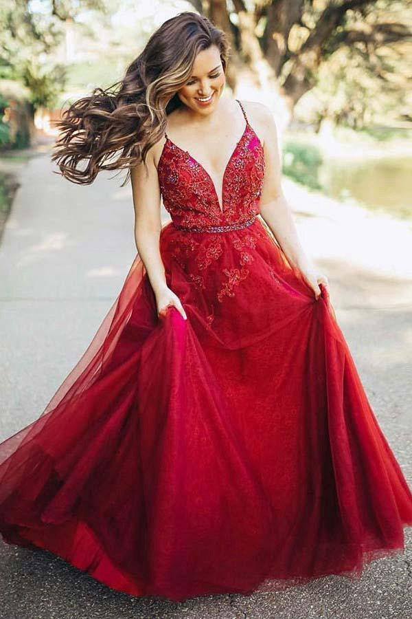 A Line Spaghetti Straps Burgundy Prom Dress with Appliques Beading JTA7791