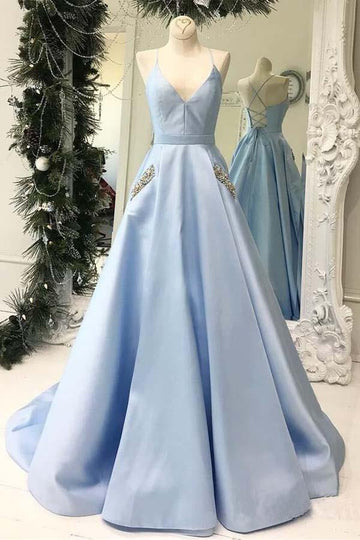 V Neck Sky Blue Satin Long Prom Dress with Pocket JTA8071