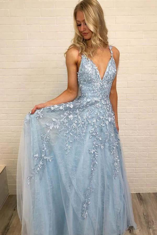 Blue Lace Long V Neck Prom Dress JTA8101