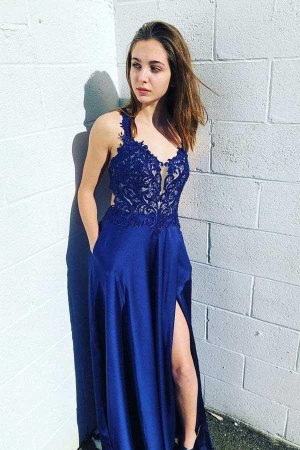 Royal Blue Lace Satin Side Split Evening Dress JTA8201