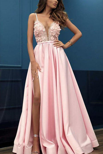 Princess V Neck Pink Prom Dress with Appliques Beading JTA0531