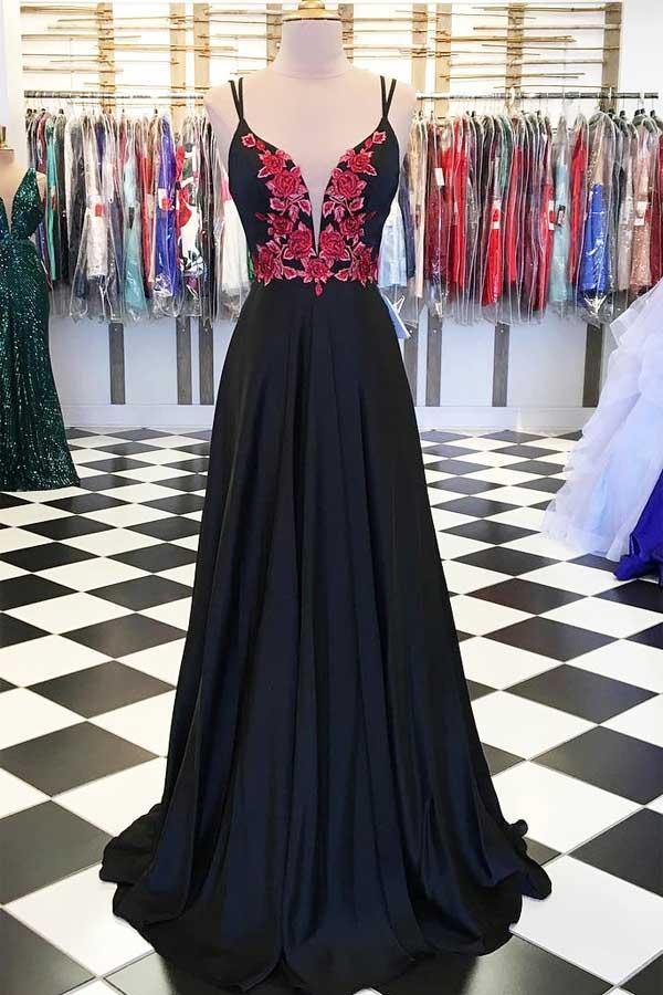A Line Satin Spaghetti Straps Black Long Prom Dress Floral Appliques JTA8631