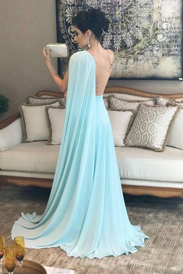 Light Blue One Shoulder Chiffon Pleats Evening Dress JTA9771