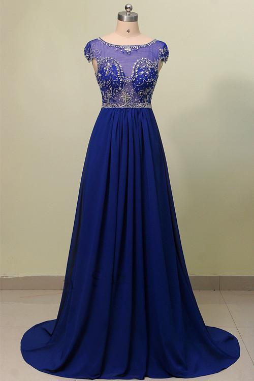 Chiffon Royal Blue Beading Prom Dress JTB2071
