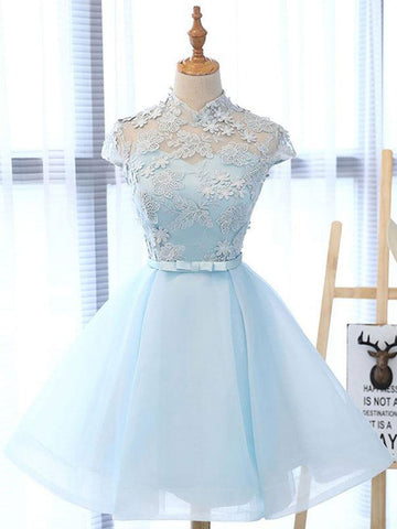 High Neck Short Blue Lace Junior Prom Dress REAL023