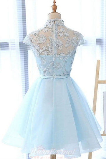 High Neck Short Blue Lace Junior Prom Dress REAL023