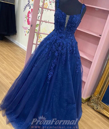 Princess Dark Blue Lace Beading Prom Dress REALS042