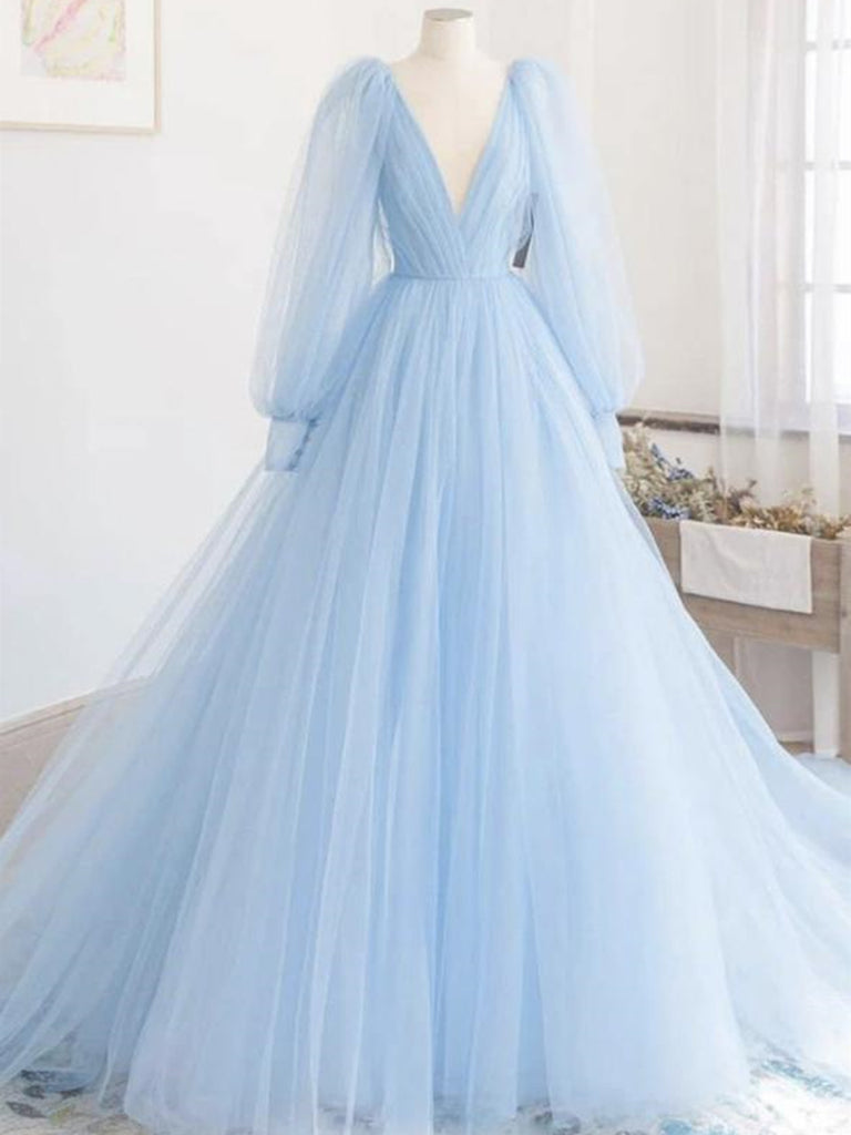 Long Sleeves Light Blue Prom Dress REALS052