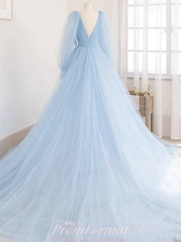 Long Sleeves Light Blue Prom Dress REALS052