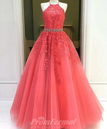 Halter Neck Coral Lace Prom Dress REALS058