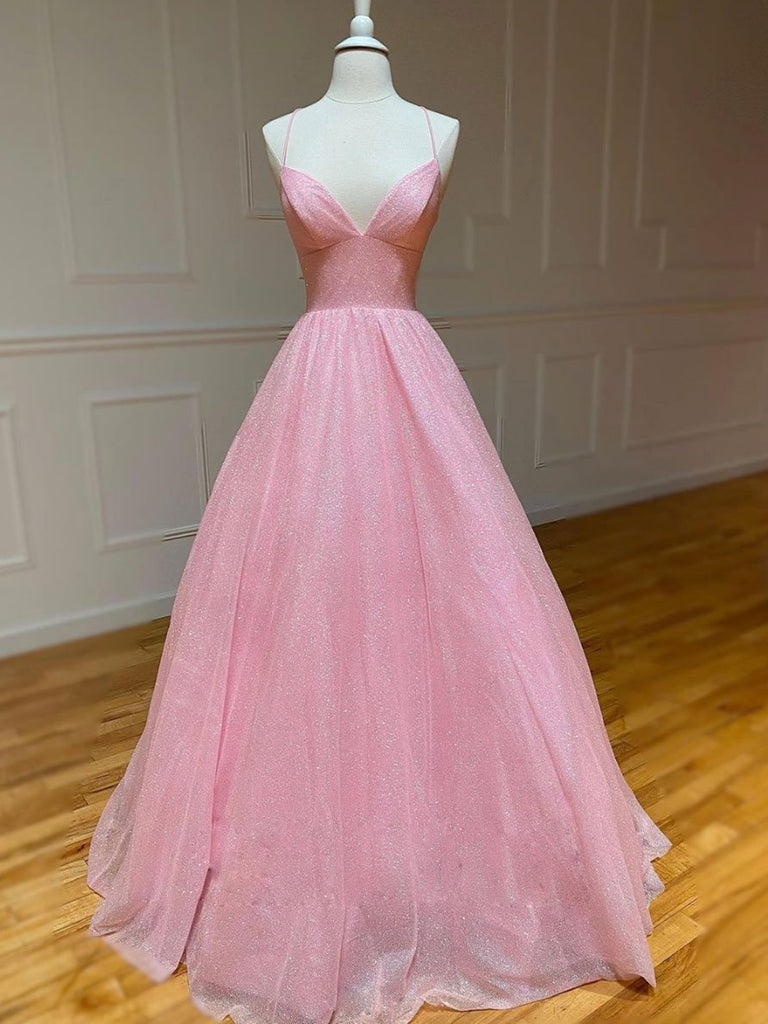 Princess Straps V Neck Pink Long Prom Dress REALS060