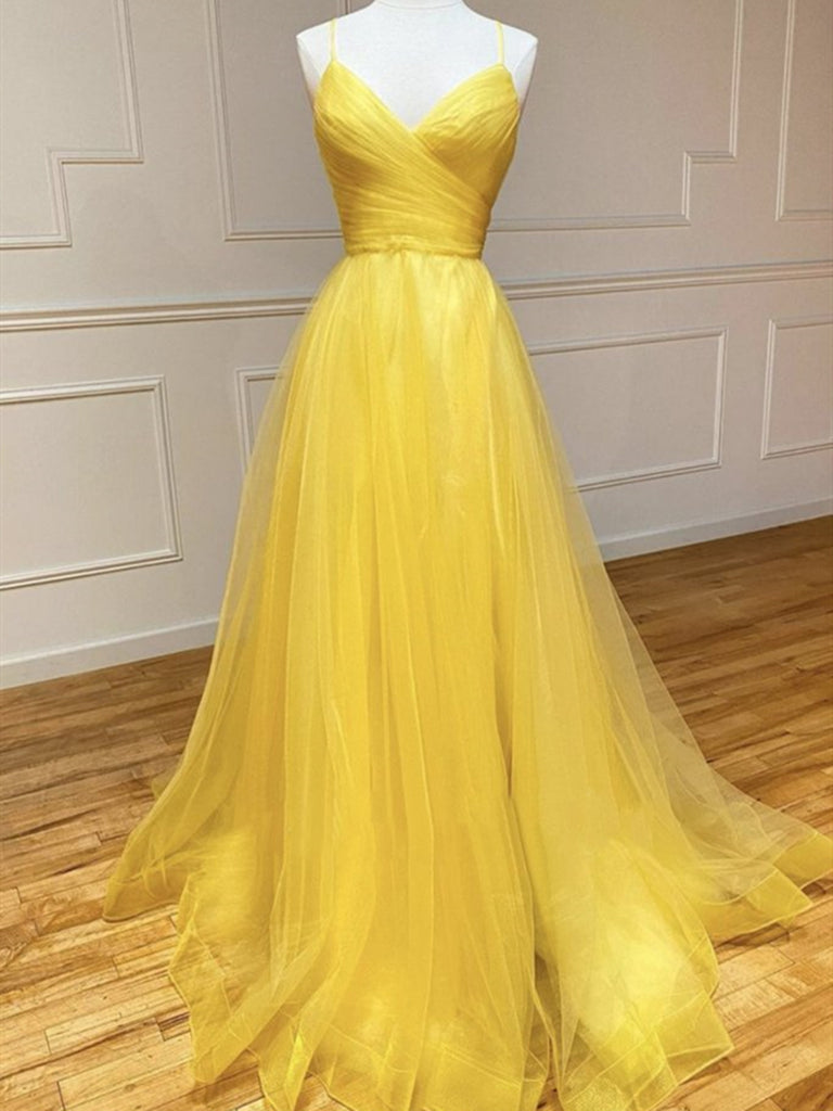 V Neck Yellow Long Prom Dress REALS069