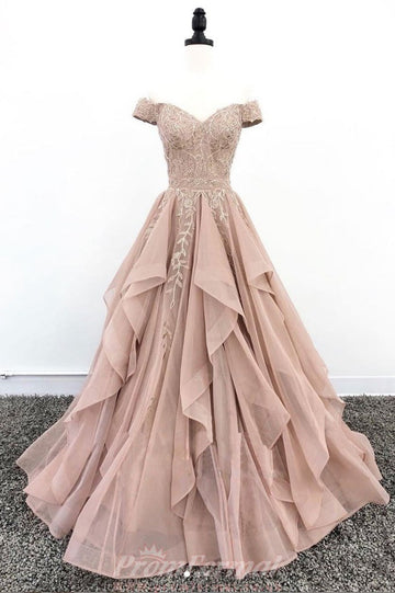 Off The Shoulder Dusty Pink Lace Prom Dress REALS073