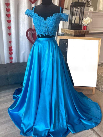 Off the Shoulder Two Pieces Blue Lace Prom Dress REALS074