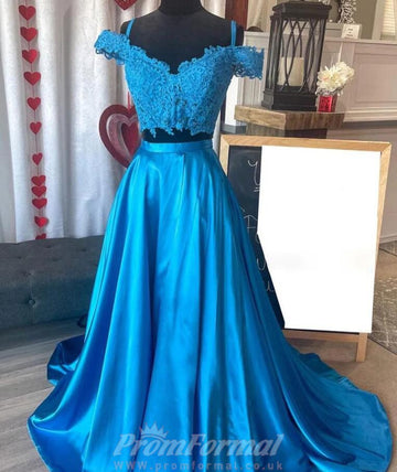 Off the Shoulder Two Pieces Blue Lace Prom Dress REALS074