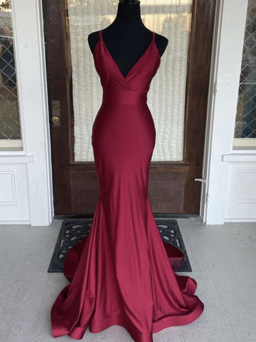 V Neck Burgundy Mermaid Prom Dress REALS083