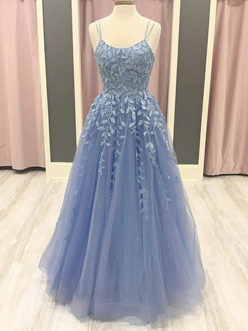 Straps Blue Lace Prom Dress REALS085