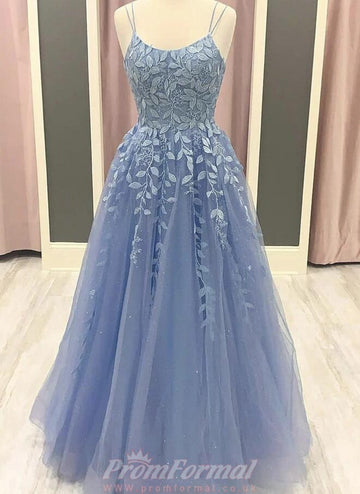 Straps Blue Lace Prom Dress REALS085