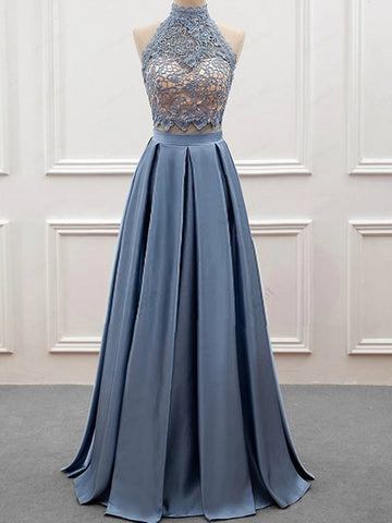 Two Pieces High Neck Steel Blue Lace Prom Dress REALS087