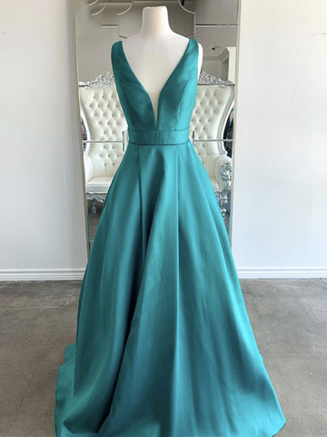 A Line V Neck Turquoise Satin Long Prom Dress REALS104